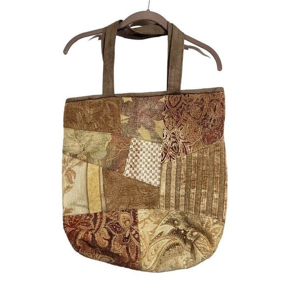 Handmade Tapestry Patchwork Tote Bag Substantial Tan Brown Book Teacher - Picture 1 of 4